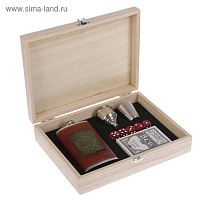 Набор подарочный "Герб России" 9в1: фляжка 180мл, рюмка, воронка, 5 кубиков, карты Набор подарочный "Герб России" 9в1: фляжка 180мл, рюмка, воронка, 5 кубиков, карты