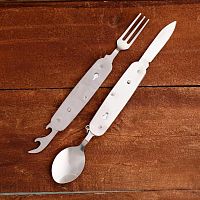 Набор туриста 4в1: нож, вилка, ложка, открывалка, рукоять металлическая Набор туриста 4в1: нож, вилка, ложка, открывалка, рукоять металлическая